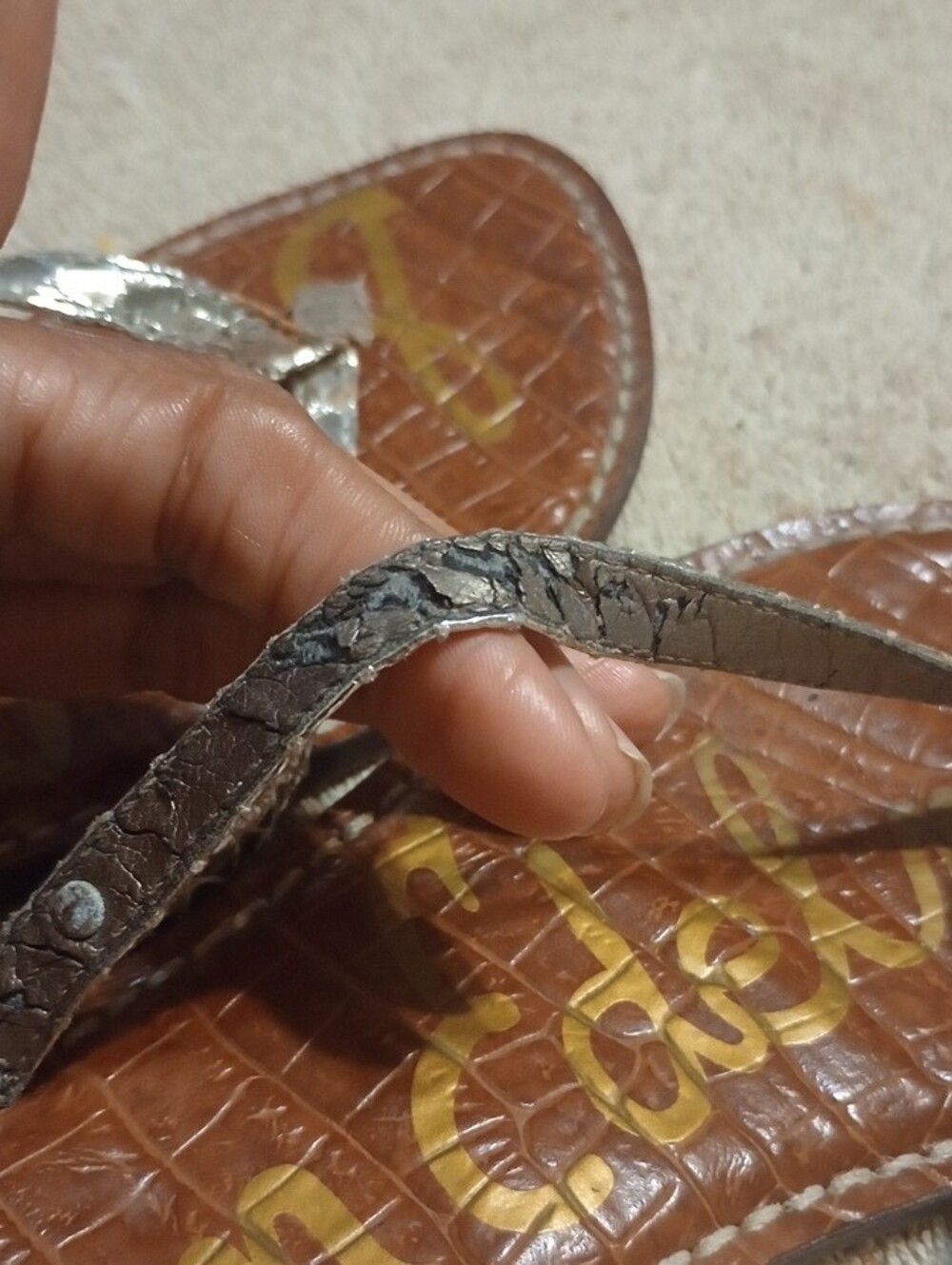Sam Edelman Silver Metallic Strap Brown Footbed Sandals - Picture 6 of 7